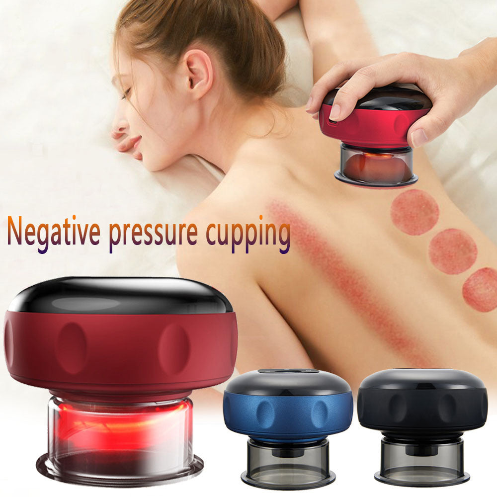 Electric Vacuum Cupping Massage Body Cup in red, blue, and black for negative pressure cupping therapy and slimming massage on back muscles