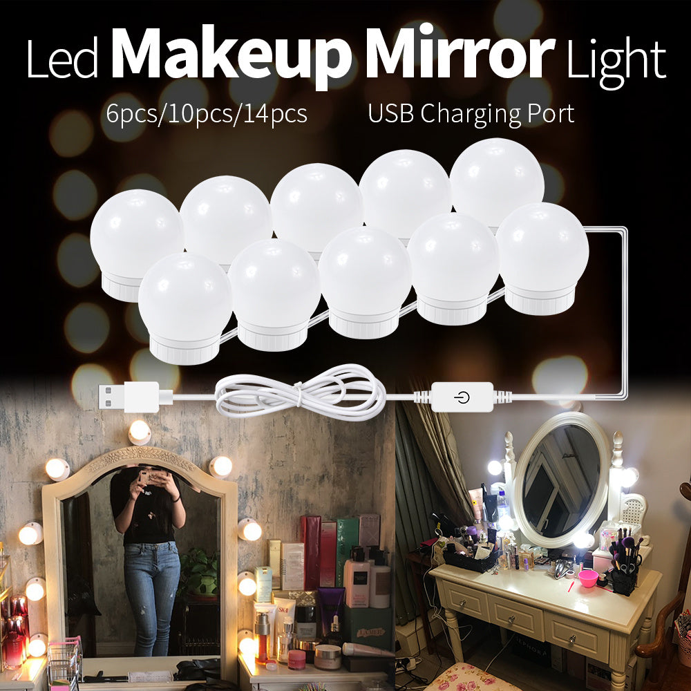 USB touch switch LED makeup mirror light bulbs with dimmable natural white light and USB charging port, available in multiple bulb counts.
