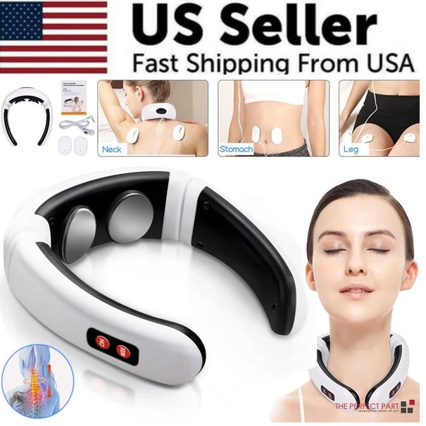 Electric cervical pulse neck massager with body pads for neck, stomach, and leg pain relief and relaxation