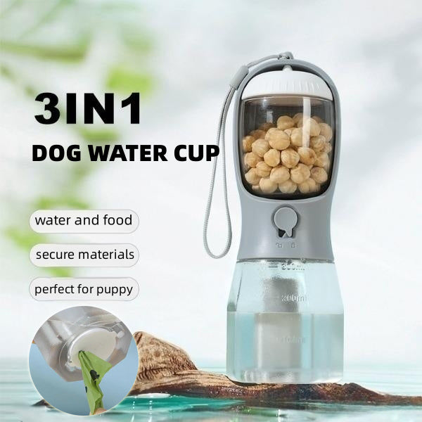 3-in-1 dog water cup with food container and waste bag dispenser for travel and outdoor use