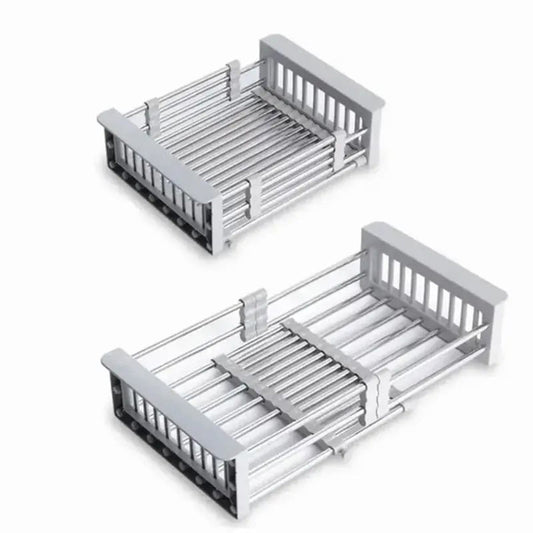 Adjustable stainless steel immersion sink dish drying rack with extendable design and integrated drain basket for kitchen organization.