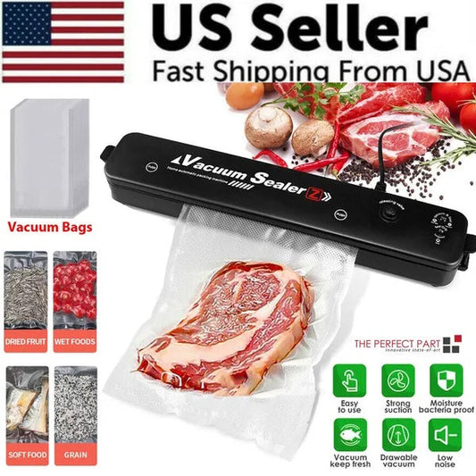 Black vacuum sealer machine sealing raw meat in a plastic vacuum bag with vacuum bags packaging dried fruit, wet foods, soft food, and grains nearby