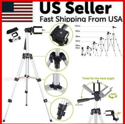 Professional camera tripod for iPhone and Samsung with adjustable height, 360-degree swivel, non-slip rubber feet, and universal phone holder.