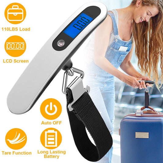 Portable digital luggage scale with 50kg capacity, backlit LCD, auto-off, and ergonomic T-handle for travel use
