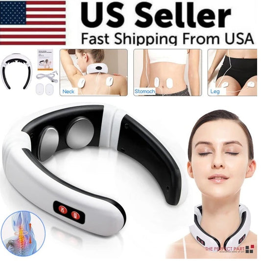Electric cervical pulse neck massager with body pads for neck, stomach, and leg pain relief and relaxation