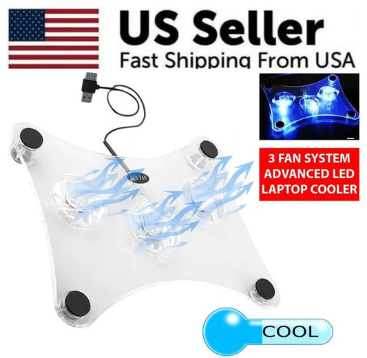 3 Fans USB Cooler Pad Stand with blue LED light for laptops with USB connection and cooling system