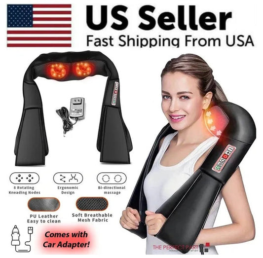 Shiatsu back neck and shoulder massager with heat and rotating kneading nodes, ergonomic design, PU leather, includes car adapter, used by woman.