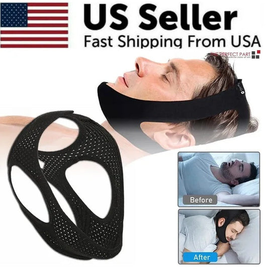 Black anti snoring chin strap made of vented lycra and neoprene, shown worn by a man sleeping peacefully, with before and after snoring images.