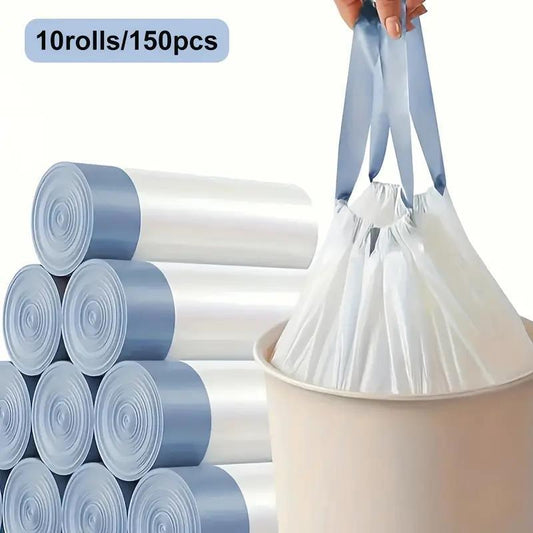 150pcs thick leakproof drawstring garbage bags in white, shown in 10 rolls with a tied bag being lifted from a trash bin