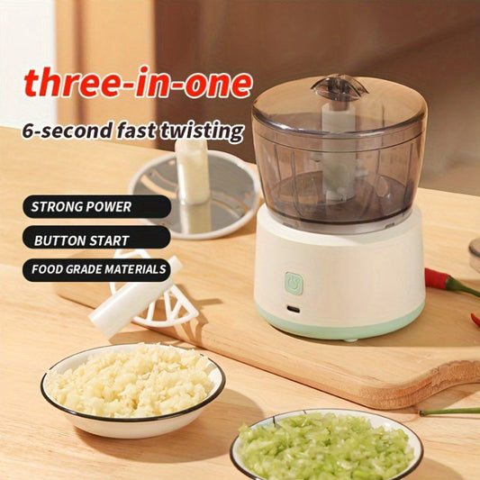 Multifunctional cordless food processor with strong power, one-button start, and food grade materials on kitchen counter with chopped vegetables.