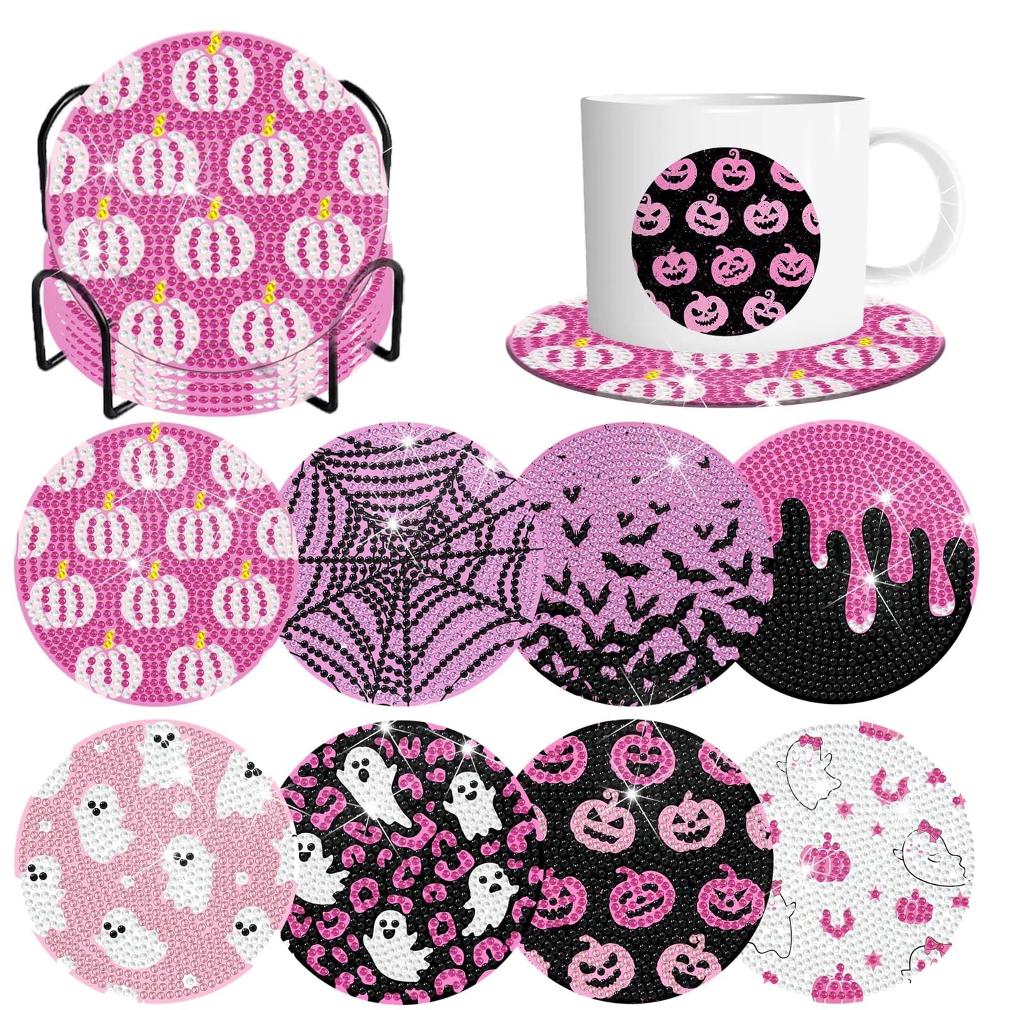 8 Pcs Halloween Diamond Art Painting Coasters Kits