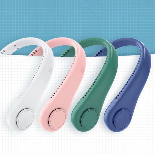 Set of mini hanging handheld bladeless neck fans in white, pink, green, and blue, portable and silent for hands-free cooling.