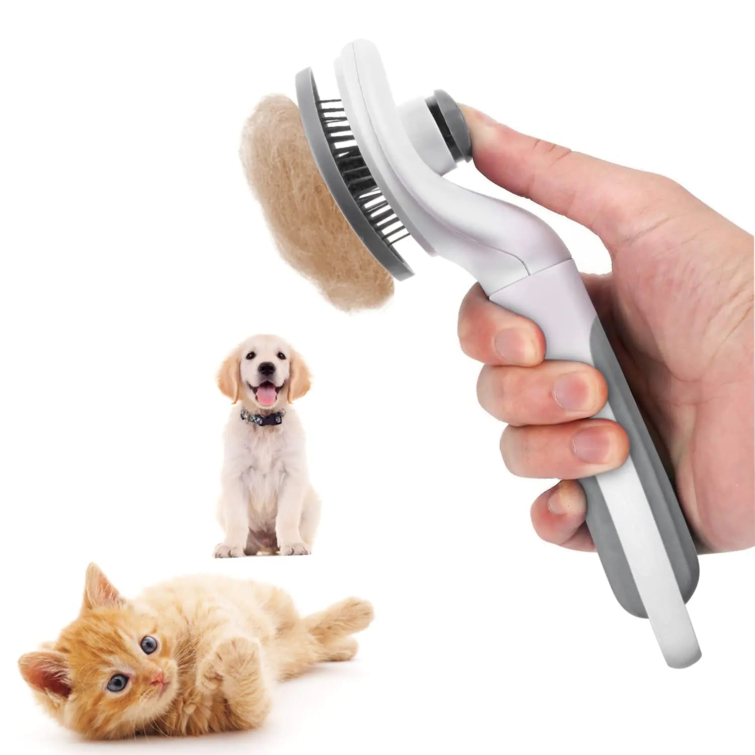 Self cleaning slicker brush removing loose fur from pet with cat and dog illustration